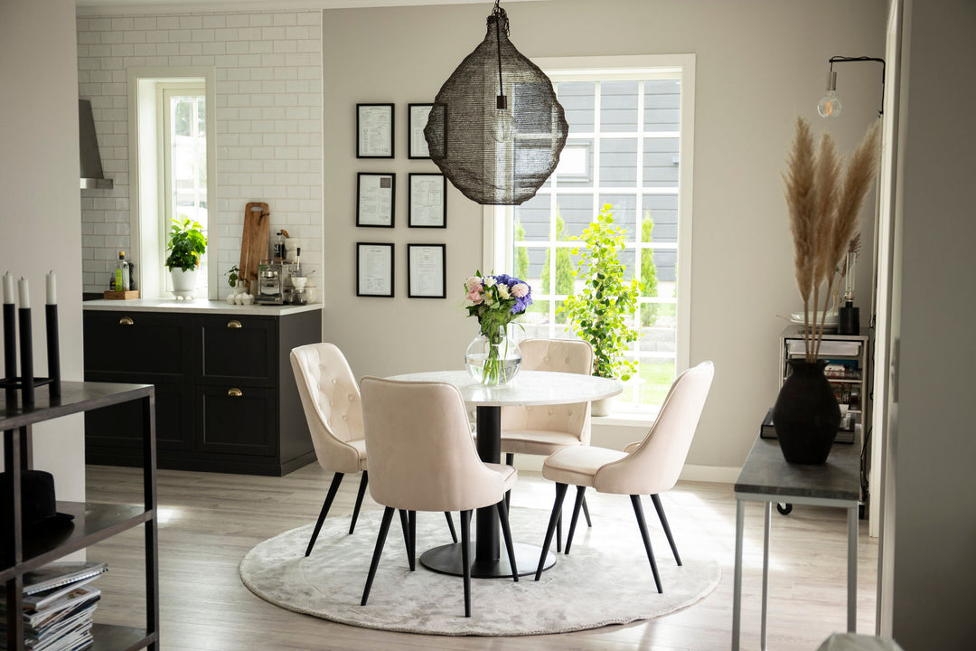 Venture Home Razzia Dining Table 106cm -White Terazzo / Black - Velvet Deluxe Dining Chair - Black legs / Beige velvet 4
