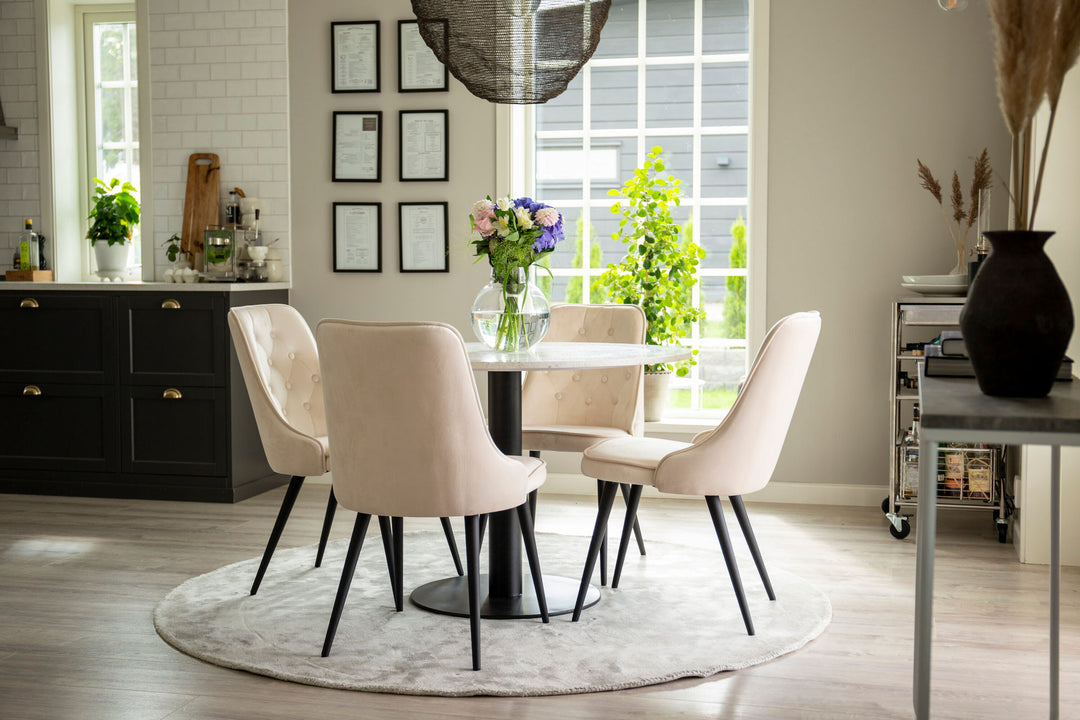 Venture Home Razzia Dining Table 106cm -White Terazzo / Black - Velvet Deluxe Dining Chair - Black legs / Beige velvet 4