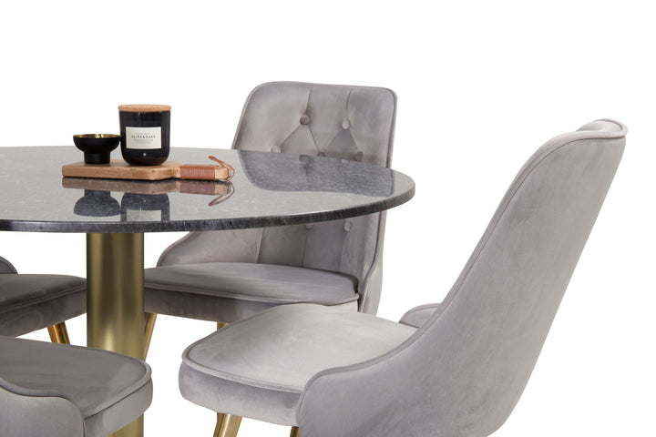 Venture Home Estelle Dining Table round 106cm Grey Marble / Brass - Velvet Deluxe Dining Chair - Brushed brass leg / Light Grey Velvet 4