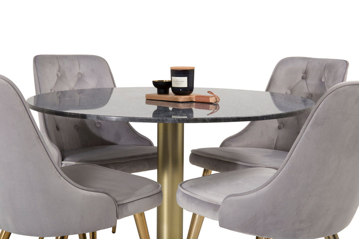 Venture Home Estelle Dining Table round 106cm Grey Marble / Brass - Velvet Deluxe Dining Chair - Brushed brass leg / Light Grey Velvet 4