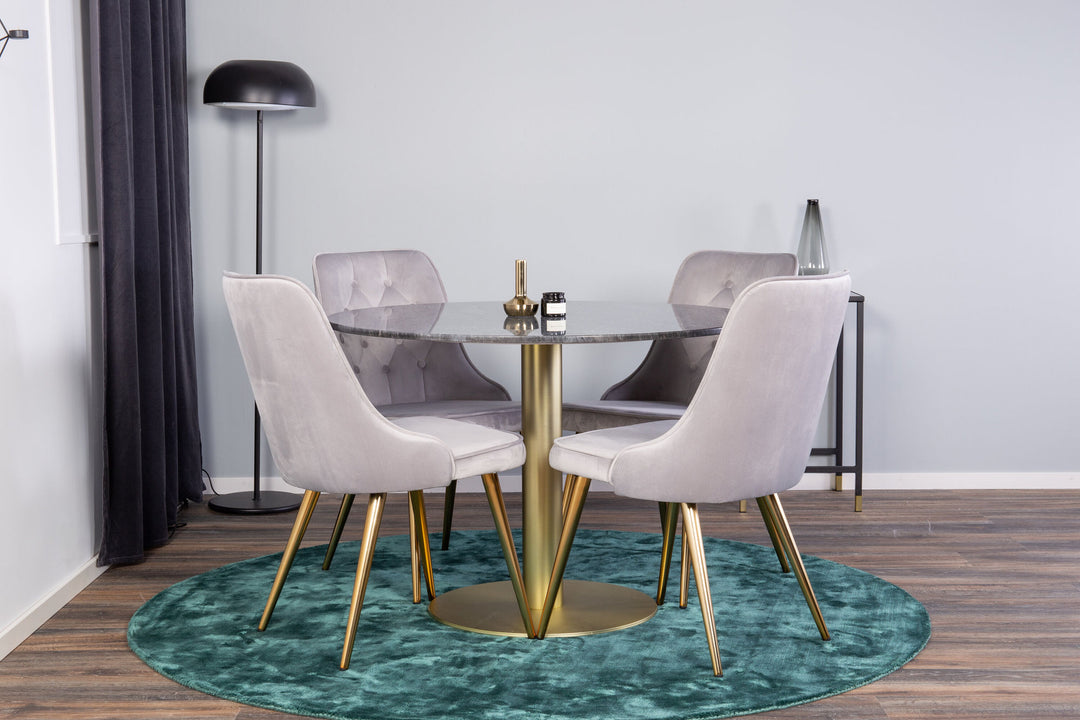 Venture Home Estelle Dining Table round 106cm Grey Marble / Brass - Velvet Deluxe Dining Chair - Brushed brass leg / Light Grey Velvet 4