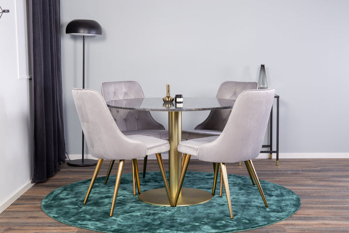 Venture Home Estelle Dining Table round 106cm Grey Marble / Brass - Velvet Deluxe Dining Chair - Brushed brass leg / Light Grey Velvet 4