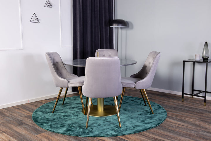 Venture Home Estelle Dining Table round 106cm Grey Marble / Brass - Velvet Deluxe Dining Chair - Brushed brass leg / Light Grey Velvet 4
