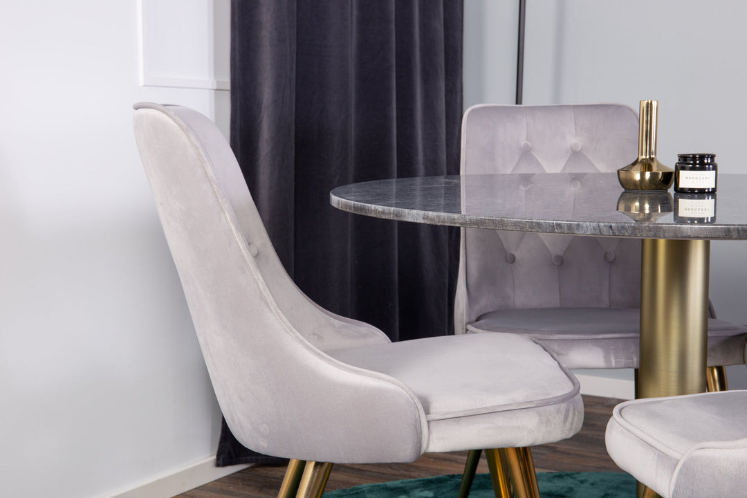 Venture Home Estelle Dining Table round 106cm Grey Marble / Brass - Velvet Deluxe Dining Chair - Brushed brass leg / Light Grey Velvet 4