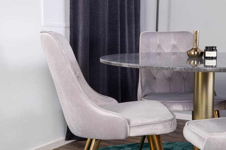 Venture Home Estelle Dining Table round 106cm Grey Marble / Brass - Velvet Deluxe Dining Chair - Brushed brass leg / Light Grey Velvet 4