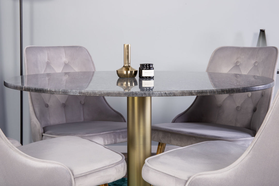 Venture Home Estelle Dining Table round 106cm Grey Marble / Brass - Velvet Deluxe Dining Chair - Brushed brass leg / Light Grey Velvet 4