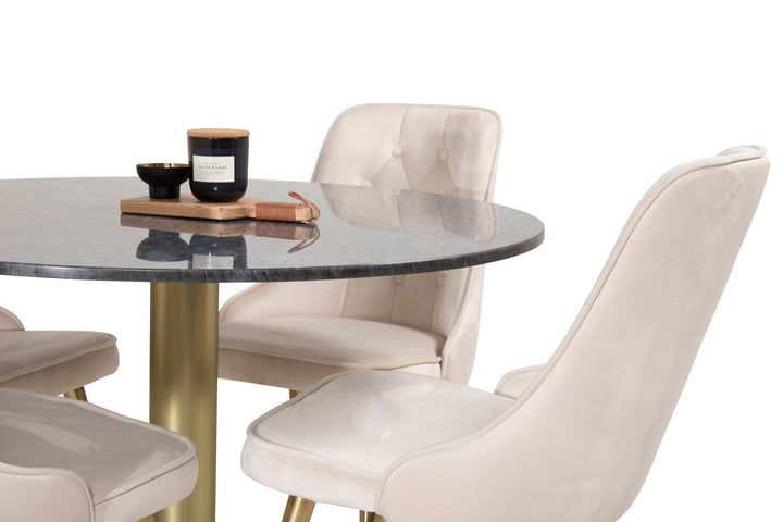 Venture Home Estelle Dining Table round 106cm Grey Marble / Brass - Velvet Deluxe Dining Chair - Brushed brass leg / Beige Velvet 4