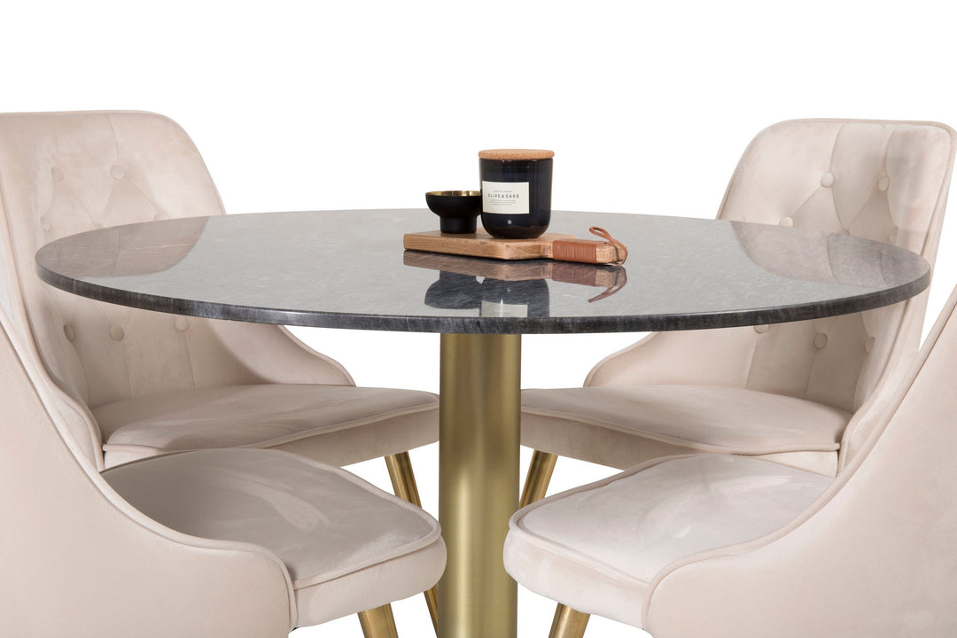 Venture Home Estelle Dining Table round 106cm Grey Marble / Brass - Velvet Deluxe Dining Chair - Brushed brass leg / Beige Velvet 4