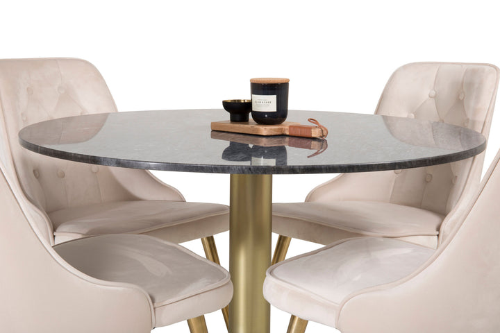 Venture Home Estelle Dining Table round 106cm Grey Marble / Brass - Velvet Deluxe Dining Chair - Brushed brass leg / Beige Velvet 4