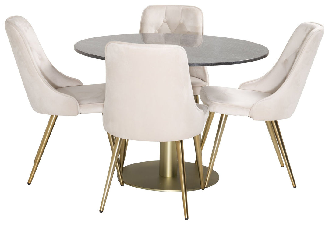Venture Home Estelle Dining Table round 106cm Grey Marble / Brass - Velvet Deluxe Dining Chair - Brushed brass leg / Beige Velvet 4
