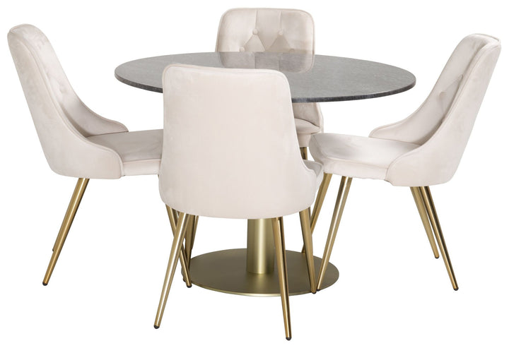 Venture Home Estelle Dining Table round 106cm Grey Marble / Brass - Velvet Deluxe Dining Chair - Brushed brass leg / Beige Velvet 4