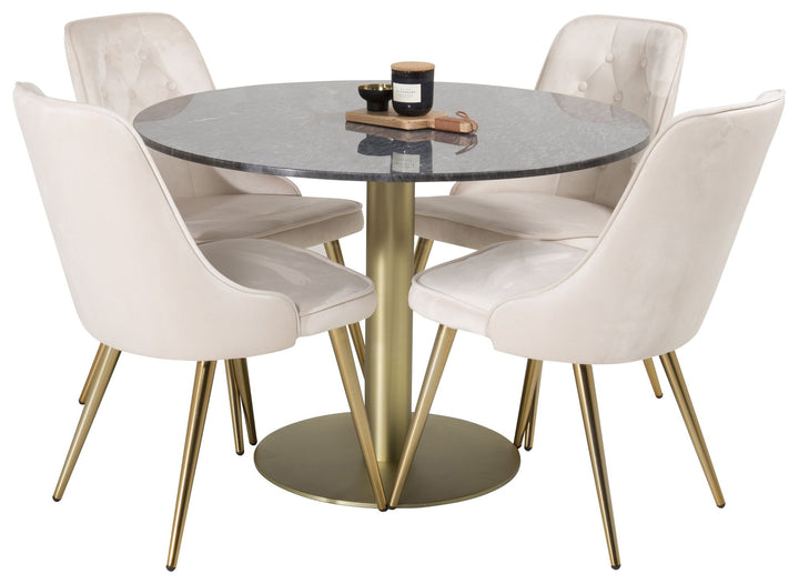 Venture Home Estelle Dining Table round 106cm Grey Marble / Brass - Velvet Deluxe Dining Chair - Brushed brass leg / Beige Velvet 4