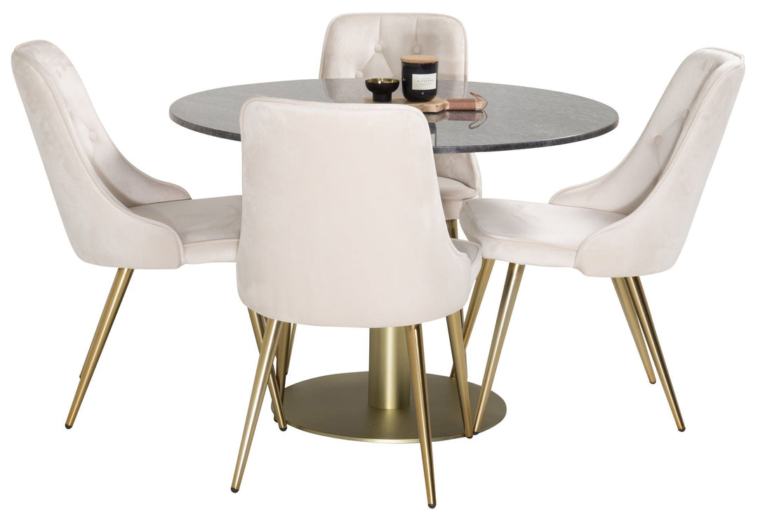 Venture Home Estelle Dining Table round 106cm Grey Marble / Brass - Velvet Deluxe Dining Chair - Brushed brass leg / Beige Velvet 4