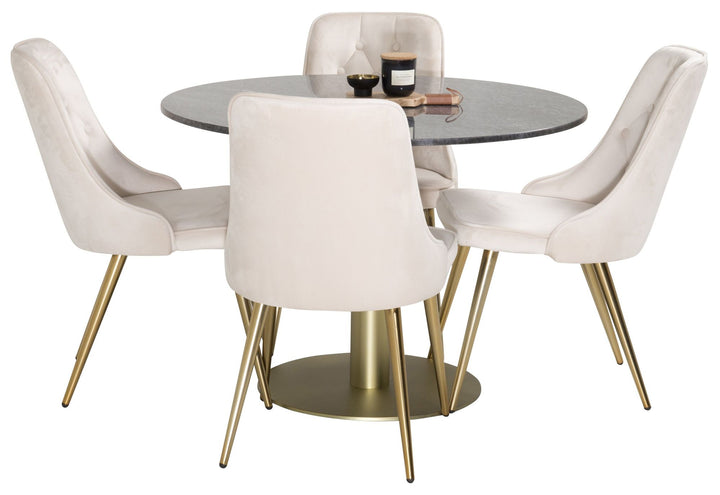 Venture Home Estelle Dining Table round 106cm Grey Marble / Brass - Velvet Deluxe Dining Chair - Brushed brass leg / Beige Velvet 4