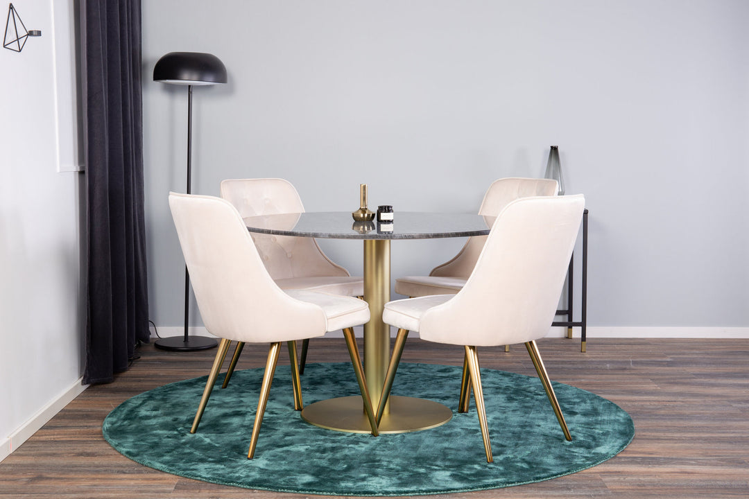 Venture Home Estelle Dining Table round 106cm Grey Marble / Brass - Velvet Deluxe Dining Chair - Brushed brass leg / Beige Velvet 4