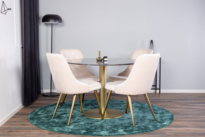 Venture Home Estelle Dining Table round 106cm Grey Marble / Brass - Velvet Deluxe Dining Chair - Brushed brass leg / Beige Velvet 4