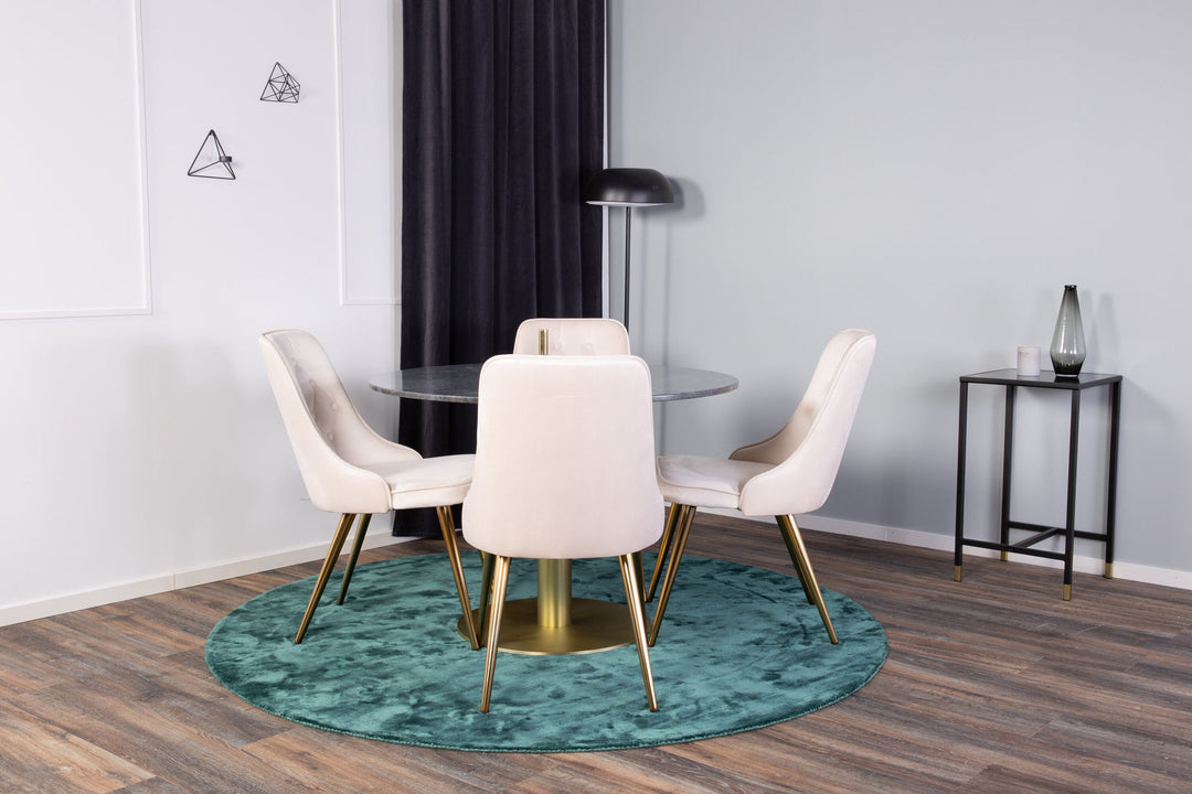Venture Home Estelle Dining Table round 106cm Grey Marble / Brass - Velvet Deluxe Dining Chair - Brushed brass leg / Beige Velvet 4