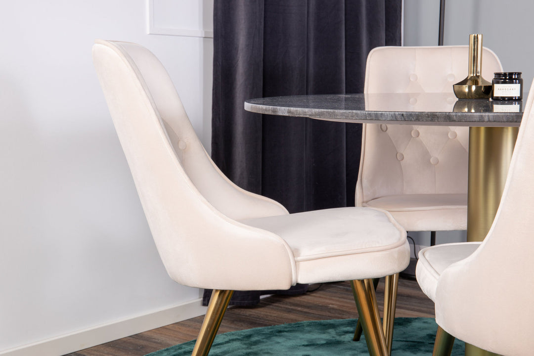 Venture Home Estelle Dining Table round 106cm Grey Marble / Brass - Velvet Deluxe Dining Chair - Brushed brass leg / Beige Velvet 4