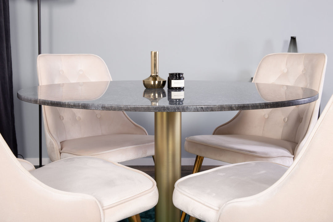 Venture Home Estelle Dining Table round 106cm Grey Marble / Brass - Velvet Deluxe Dining Chair - Brushed brass leg / Beige Velvet 4