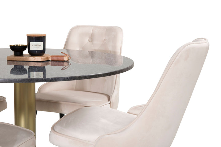 Venture Home Estelle Dining Table round 106cm Grey Marble / Brass - Velvet Deluxe Dining Chair - Black legs / Beige velvet 4