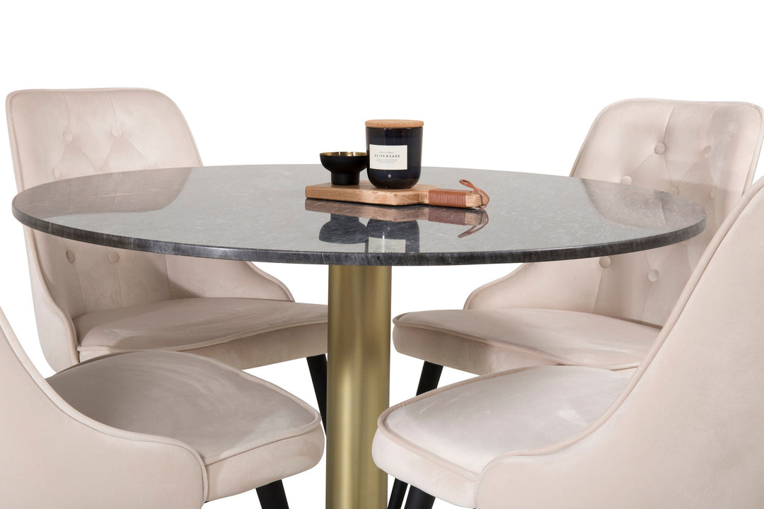 Venture Home Estelle Dining Table round 106cm Grey Marble / Brass - Velvet Deluxe Dining Chair - Black legs / Beige velvet 4