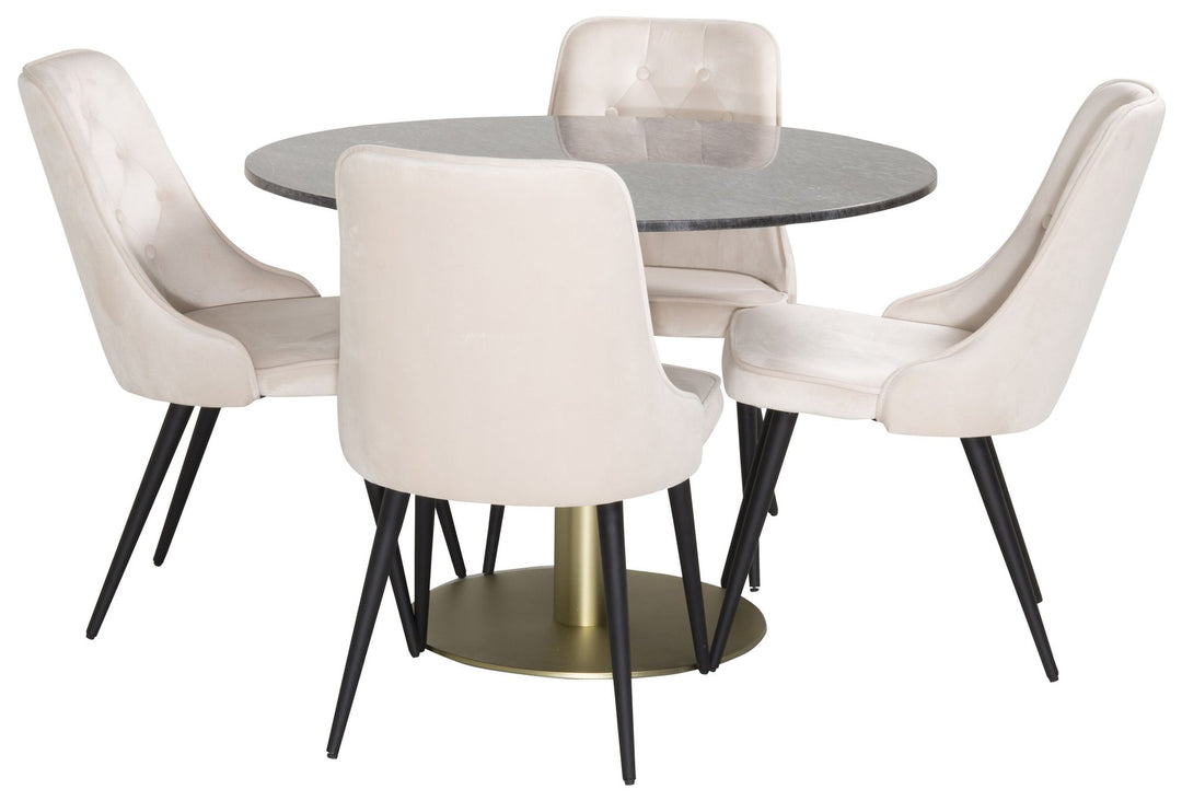 Venture Home Estelle Dining Table round 106cm Grey Marble / Brass - Velvet Deluxe Dining Chair - Black legs / Beige velvet 4