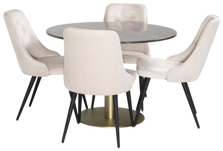 Venture Home Estelle Dining Table round 106cm Grey Marble / Brass - Velvet Deluxe Dining Chair - Black legs / Beige velvet 4
