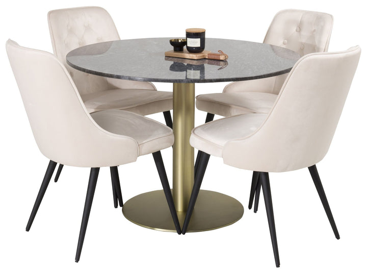 Venture Home Estelle Dining Table round 106cm Grey Marble / Brass - Velvet Deluxe Dining Chair - Black legs / Beige velvet 4