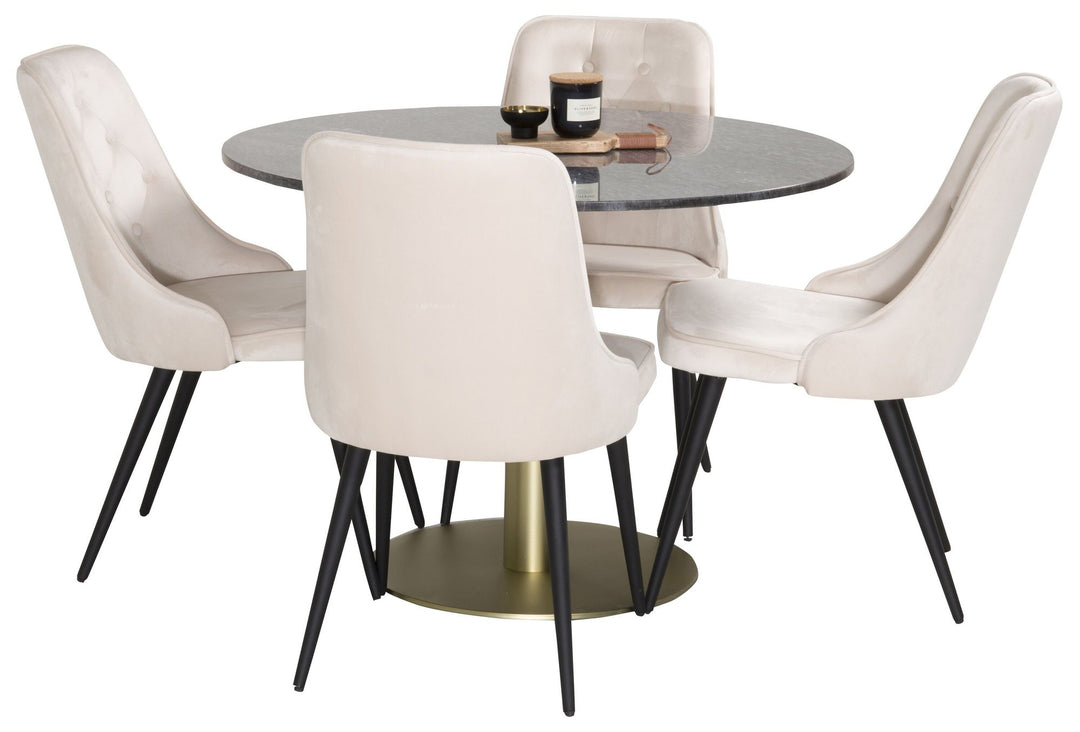 Venture Home Estelle Dining Table round 106cm Grey Marble / Brass - Velvet Deluxe Dining Chair - Black legs / Beige velvet 4