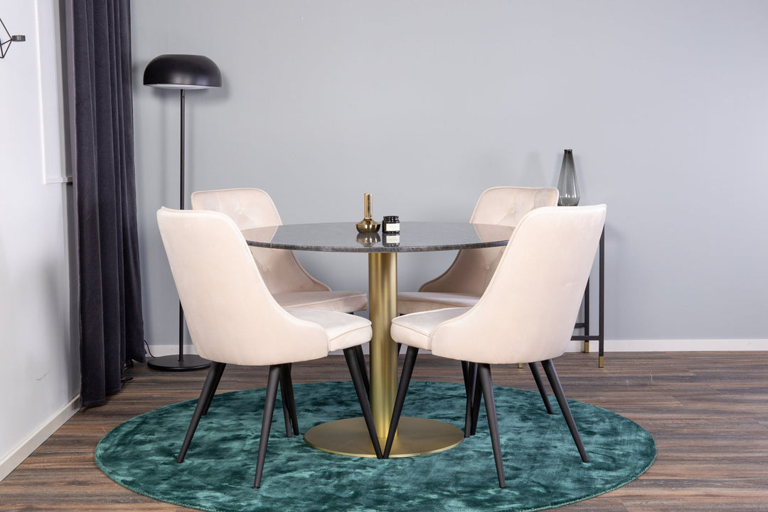 Venture Home Estelle Dining Table round 106cm Grey Marble / Brass - Velvet Deluxe Dining Chair - Black legs / Beige velvet 4