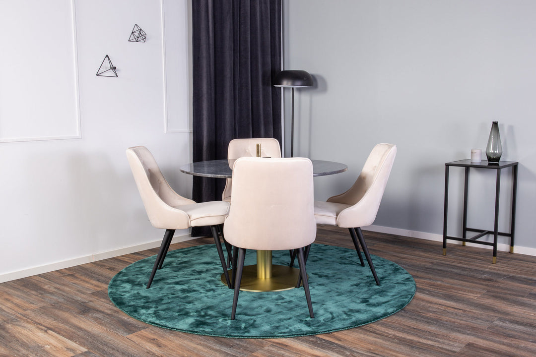 Venture Home Estelle Dining Table round 106cm Grey Marble / Brass - Velvet Deluxe Dining Chair - Black legs / Beige velvet 4