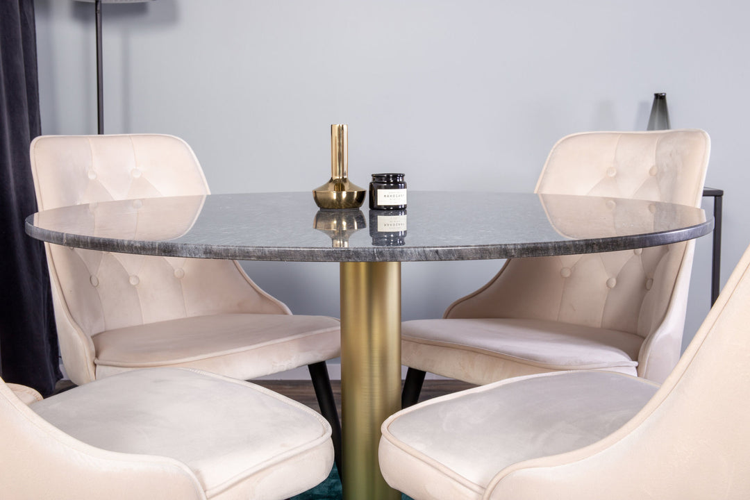 Venture Home Estelle Dining Table round 106cm Grey Marble / Brass - Velvet Deluxe Dining Chair - Black legs / Beige velvet 4