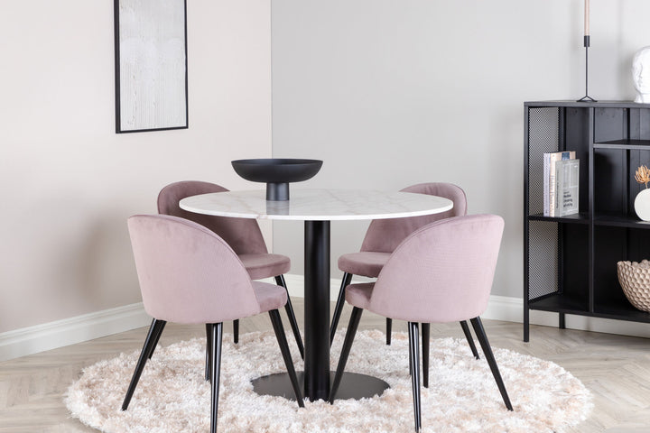 Venture Home Estelle runt Matbord - Svart / Vit marmor - ø106*H75+Velvet matstol - Manchester
