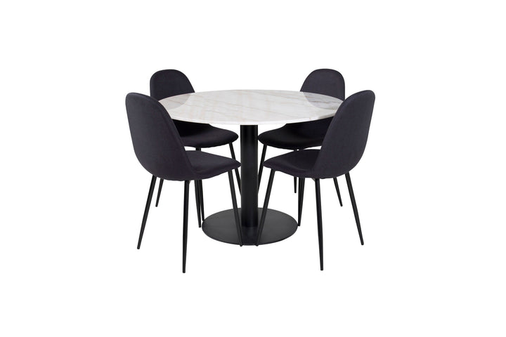 Venture Home Estelle Dining Table round 106cm White marble / Black Legs - Polar Dining Chair - Black Legs - Black Fabric 4