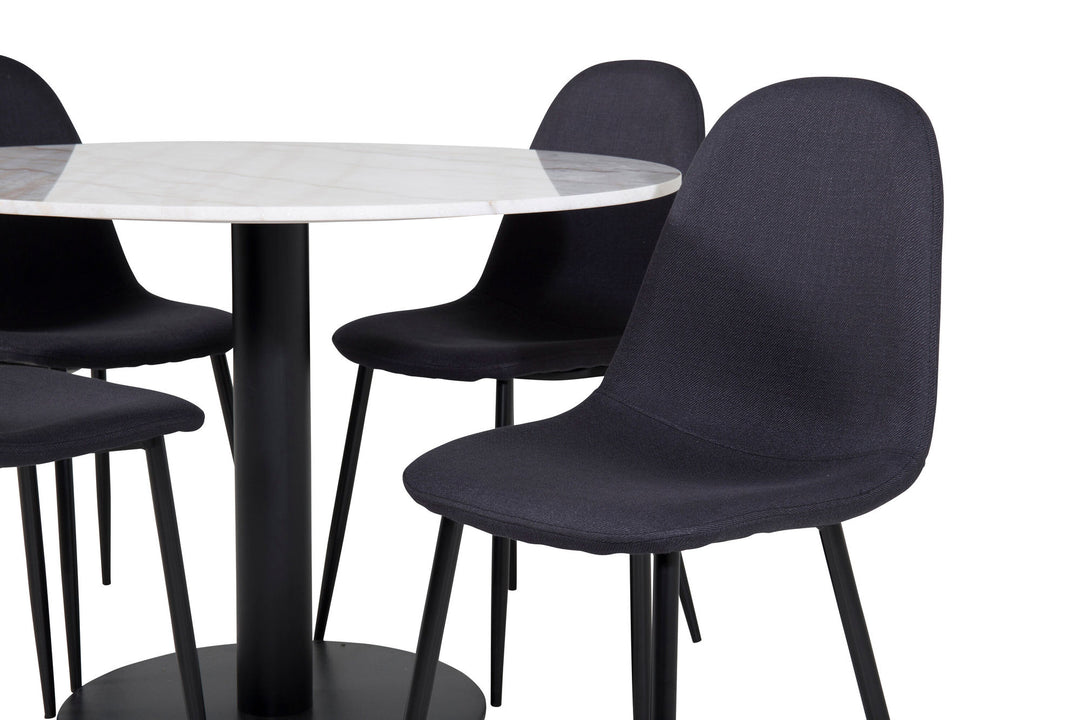 Venture Home Estelle Dining Table round 106cm White marble / Black Legs - Polar Dining Chair - Black Legs - Black Fabric 4