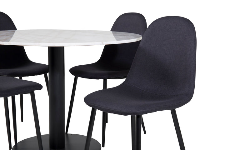 Venture Home Estelle Dining Table round 106cm White marble / Black Legs - Polar Dining Chair - Black Legs - Black Fabric 4