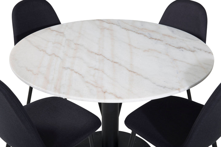 Venture Home Estelle Dining Table round 106cm White marble / Black Legs - Polar Dining Chair - Black Legs - Black Fabric 4