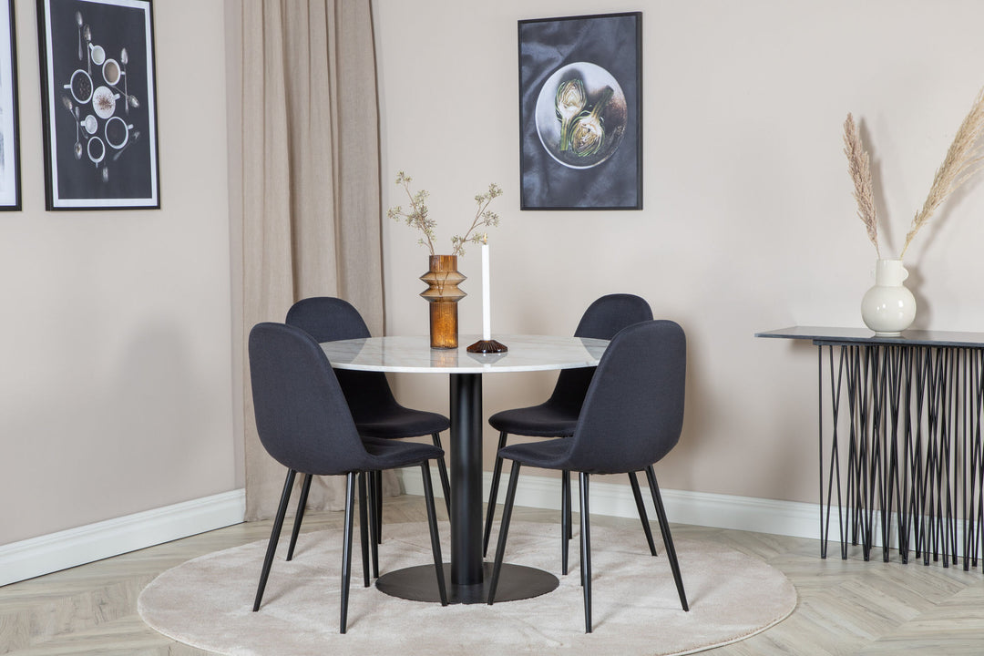 Venture Home Estelle Dining Table round 106cm White marble / Black Legs - Polar Dining Chair - Black Legs - Black Fabric 4