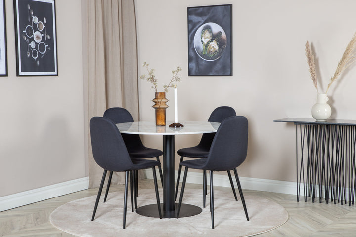 Venture Home Estelle Dining Table round 106cm White marble / Black Legs - Polar Dining Chair - Black Legs - Black Fabric 4