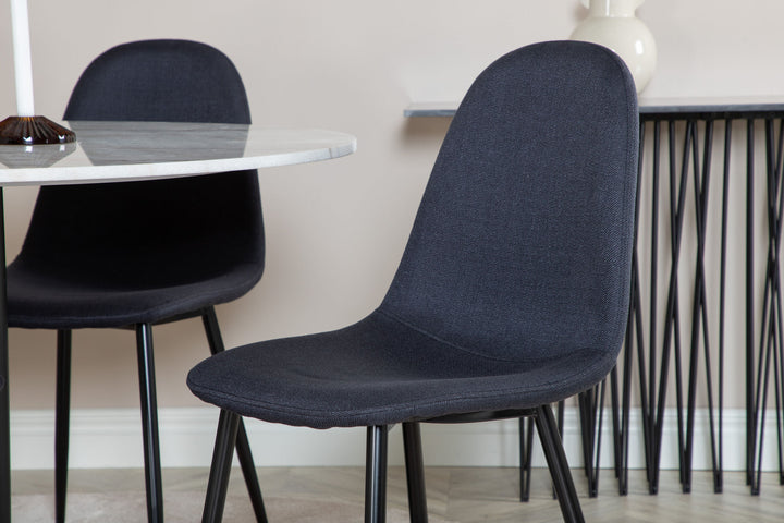 Venture Home Estelle Dining Table round 106cm White marble / Black Legs - Polar Dining Chair - Black Legs - Black Fabric 4