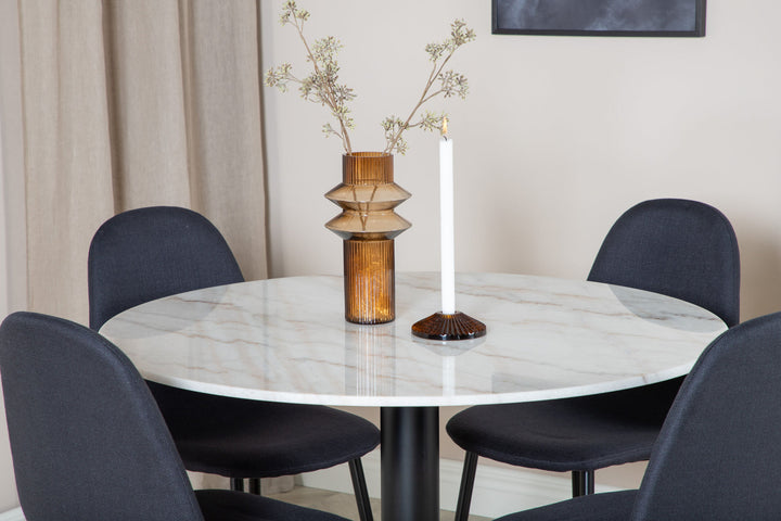 Venture Home Estelle Dining Table round 106cm White marble / Black Legs - Polar Dining Chair - Black Legs - Black Fabric 4