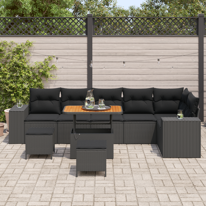 Havesofa Sæt med pude 9 pcs Sort polyrattan