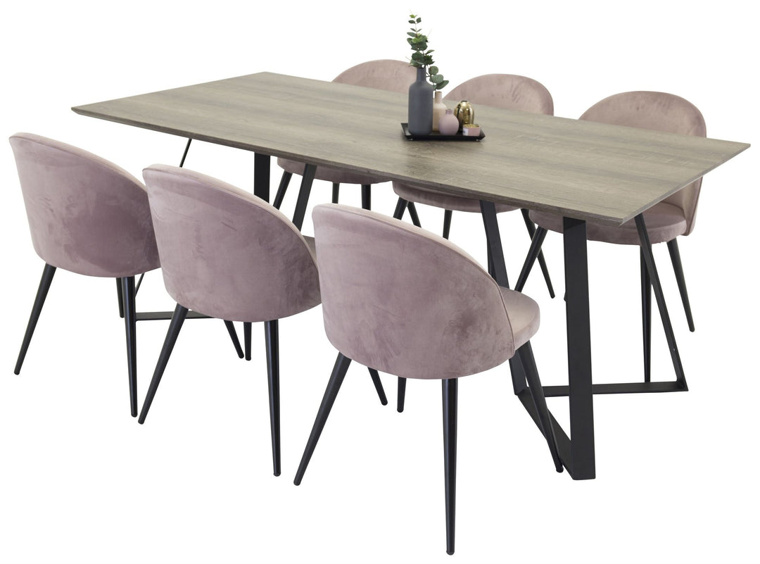 Venture Home Marina Dining table - Grey wood / black (1) + Velvet Chair - Dusty Pink(6)