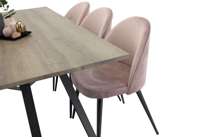 Venture Home Marina Dining table - Grey wood / black (1) + Velvet Chair - Dusty Pink(6)