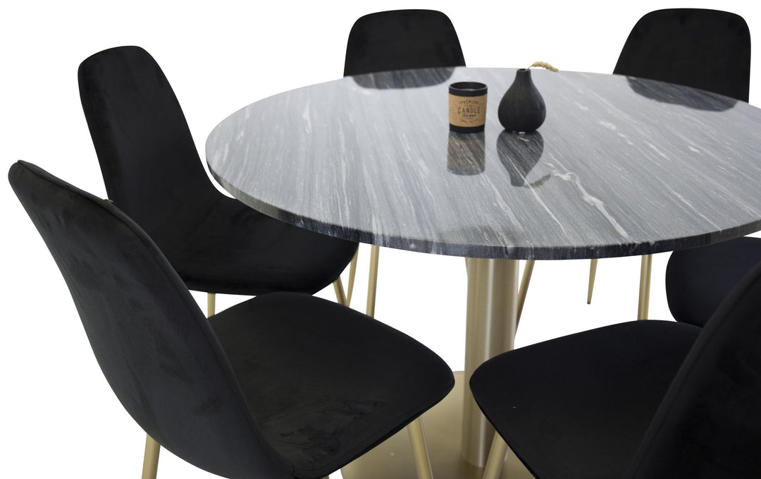 Venture Home Estelle Dining Table round 106cm Grey Marble / Brass - Polar Chair - Black Velvet / Matt brass leg 6