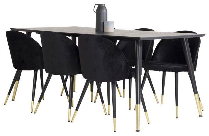 Venture Home Dipp Dining Table - 180*90cm - Black Veneer / black legs w brass dipp - Velvet Dining Chair Brass - Black / Black 6