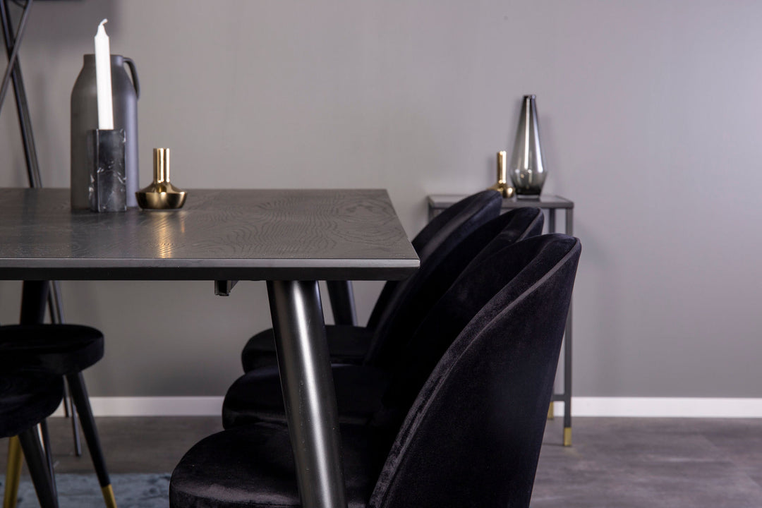 Venture Home Dipp Dining Table - 180*90cm - Black Veneer / black legs w brass dipp - Velvet Dining Chair Brass - Black / Black 6