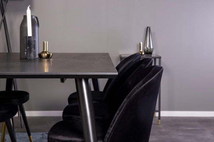 Venture Home Dipp Dining Table - 180*90cm - Black Veneer / black legs w brass dipp - Velvet Dining Chair Brass - Black / Black 6