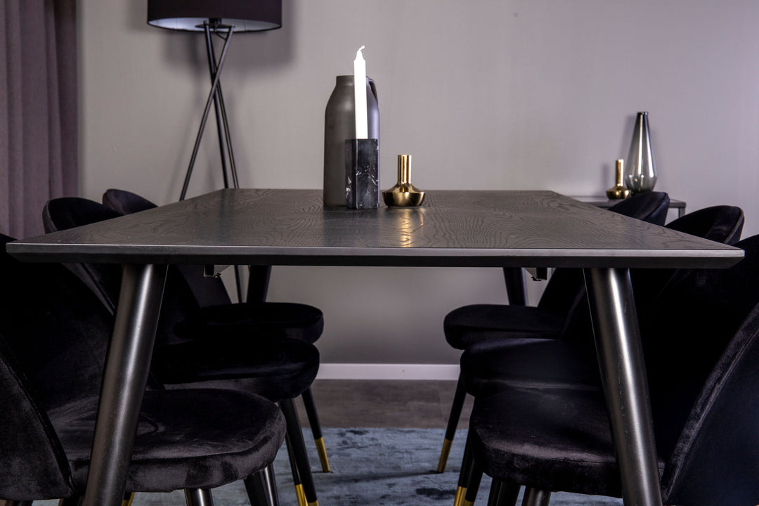 Venture Home Dipp Dining Table - 180*90cm - Black Veneer / black legs w brass dipp - Velvet Dining Chair Brass - Black / Black 6
