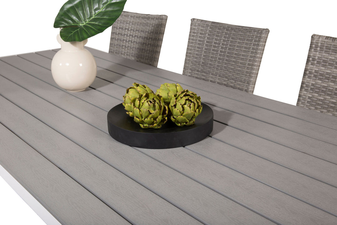 Venture Home Break Dining Table - 205*90 - White Alu / Grey Aintwood+Anna Arm Chair (stackabl